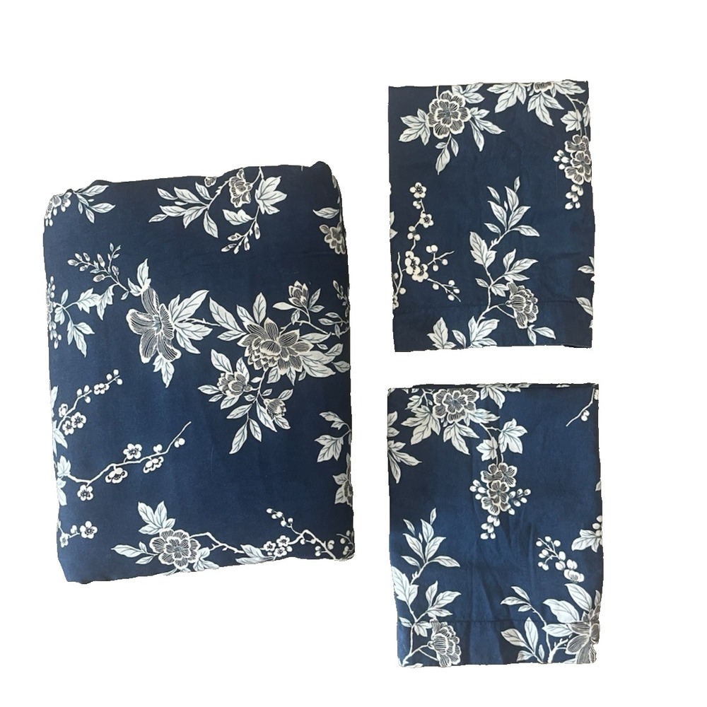 Ralph Lauren Deauville Blossom Navy Sateen QUEEN Duvet Cover & 2 Stnd Shams READ